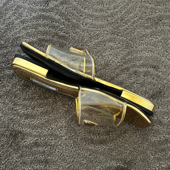 Prada Ciabatte Clear PVC Enameled Triangle Logo Flat Sandal Slides Gold Size 37